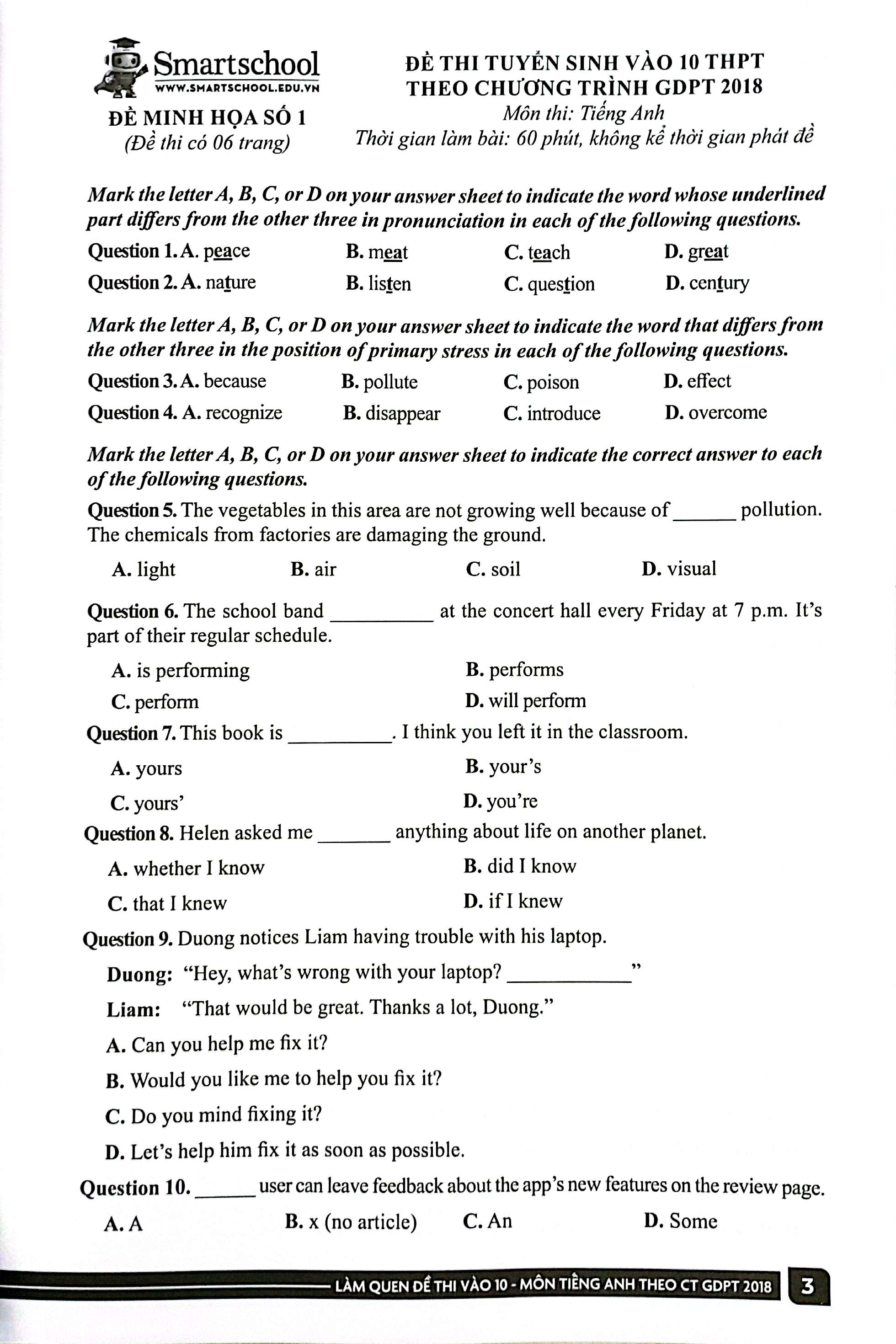 làm quen đề thi vào 10 - môn tiếng anh - theo ct gdpt 2018 - dành cho học sinh
