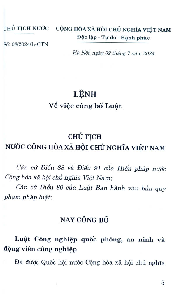 luật công nghiệp quốc phòng, an ninh và động viên công nghiệp 2024