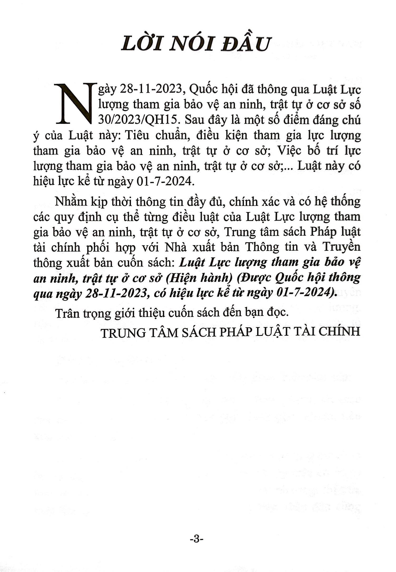 luật lực lượng tham gia bảo vệ an ninh, trật tự ở cơ sở (hiện hành) (được quốc hội thông qua ngày 28/11/2023, có hiệu lực kể từ ngày 01/7/2024)