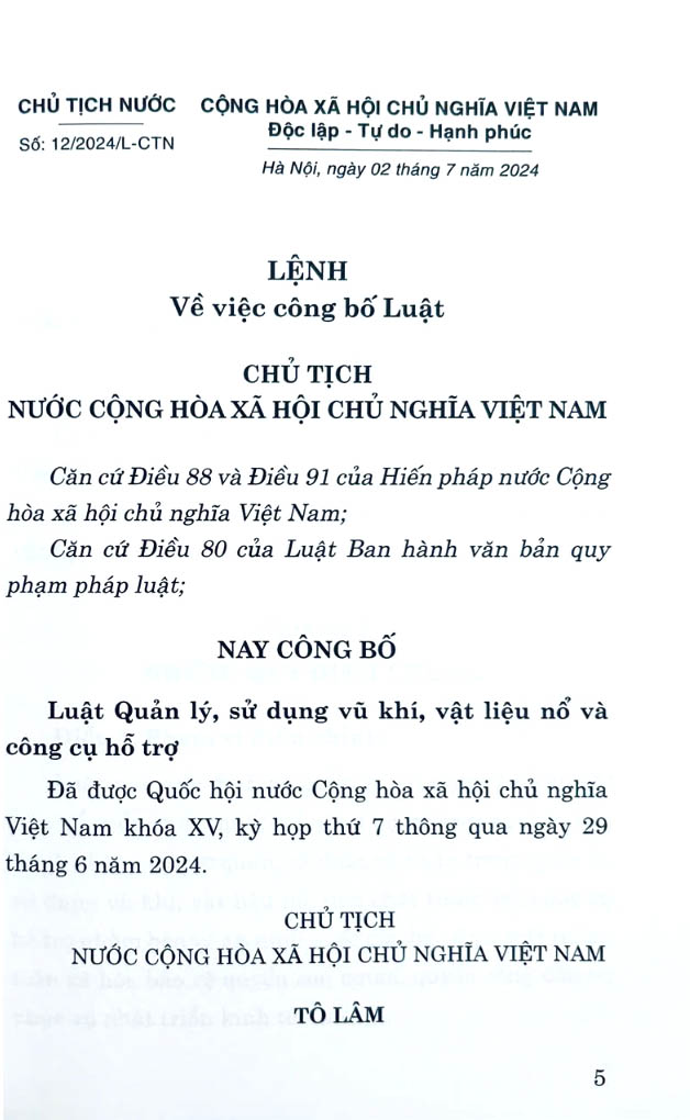 luật quản lý, sử dụng vũ khí, vật liệu nổ và công cụ hỗ trợ năm 2024