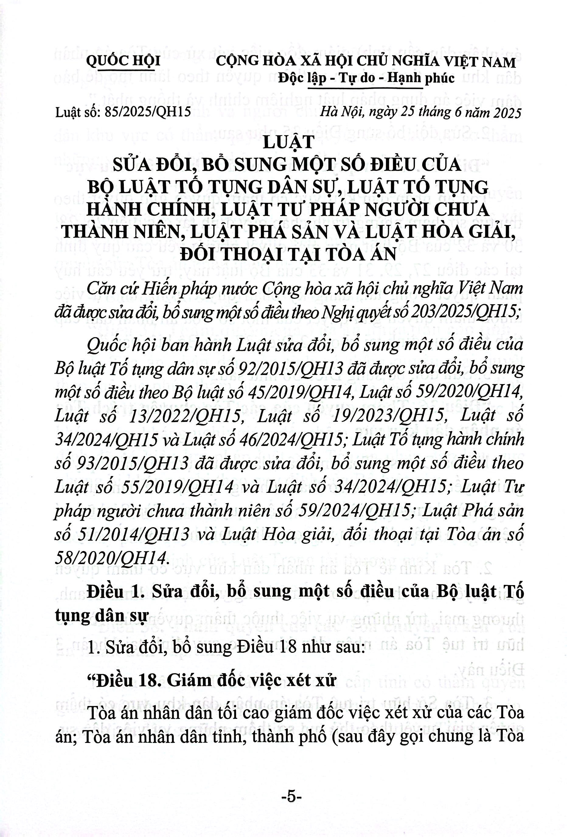 Luat Sua Doi, Bo Sung Mot So Dieu Cua Bo Luat To Tung Dan Su, Luat To Tung Hanh Chinh, Luat Tu Phap Nguoi Chua Thanh Nien, Luat Pha San Va Luat Hoa Giai, Doi Thoai Tai Toa An