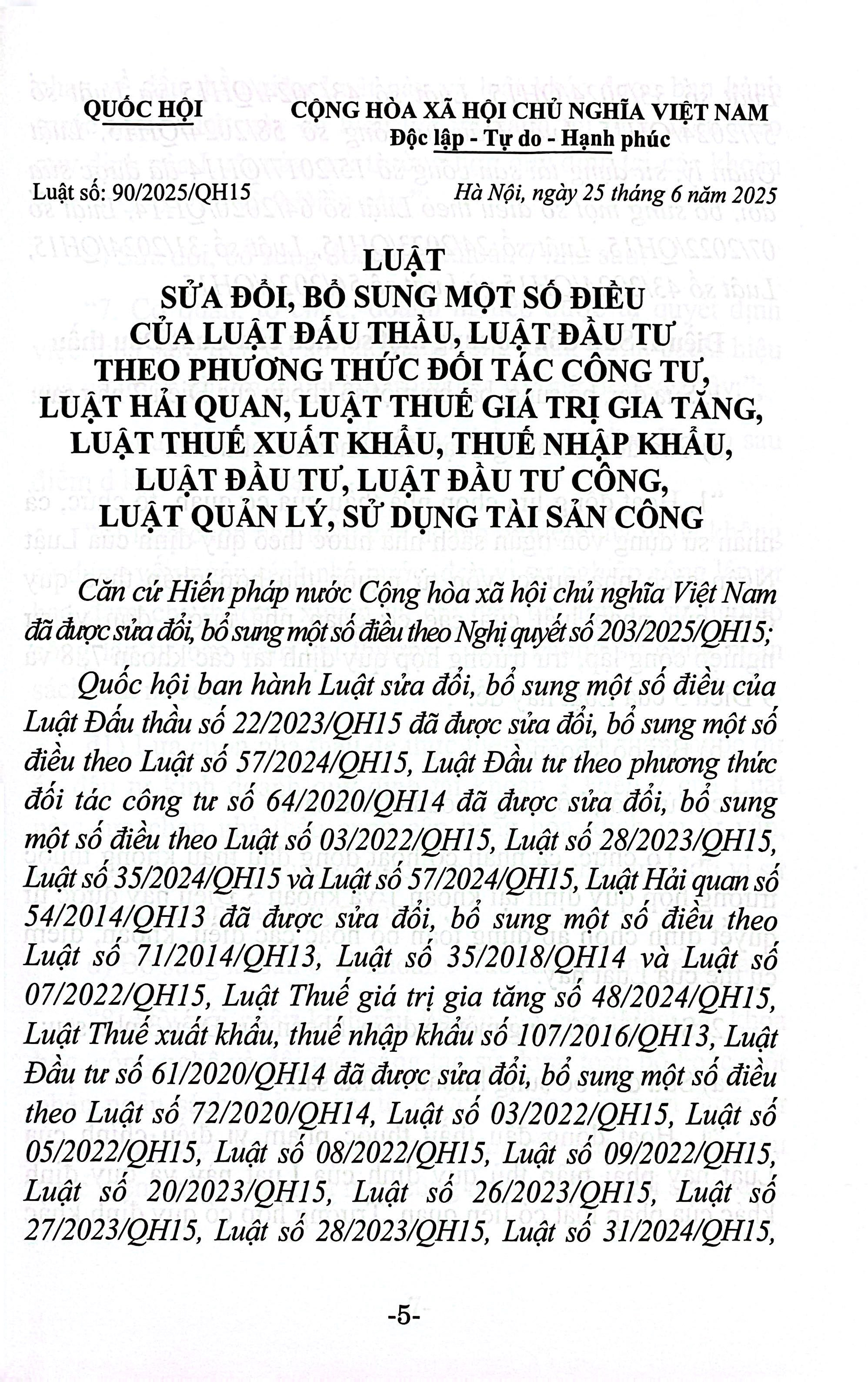 Luat Sua Doi, Bo Sung Mot So Dieu Cua Luat Dau Thau, Luat Dau Tu Theo Phuong Thuc Doi Tac Cong Tu, Luat Hai Quan, Luat Thue Gia Tri Gia Tang, Luat Thue Xuat Khau, Thue Nhap Khau, Luat Dau Tu, Luat Dau Tu Cong, Luat Quan Ly, Su Dung Tai San Cong