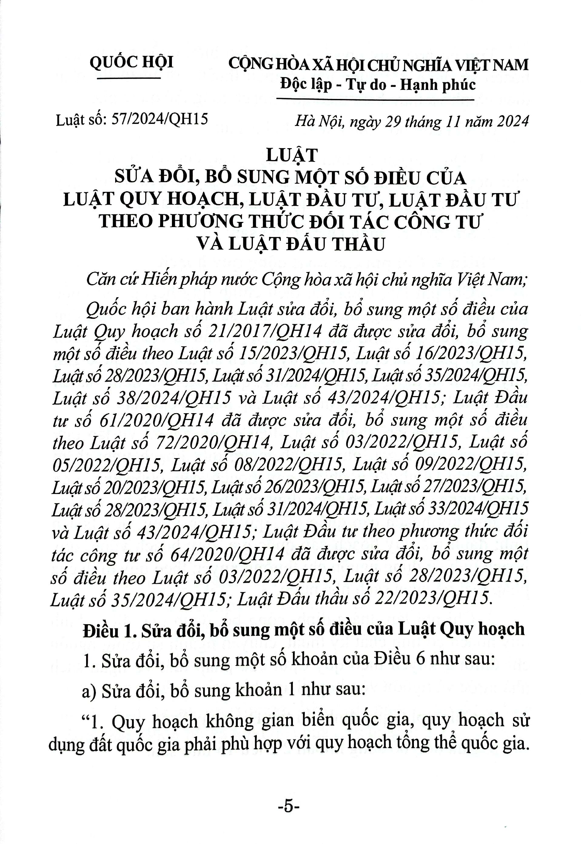 Luat Sua Doi, Bo Sung Mot So Dieu Cua Luat Quy Hoach, Luat Dau Tu, Luat Dau Tu Theo Phuong Thuc Doi Tac Cong Tu Va Luat Dau Thau (Nam 2024)
