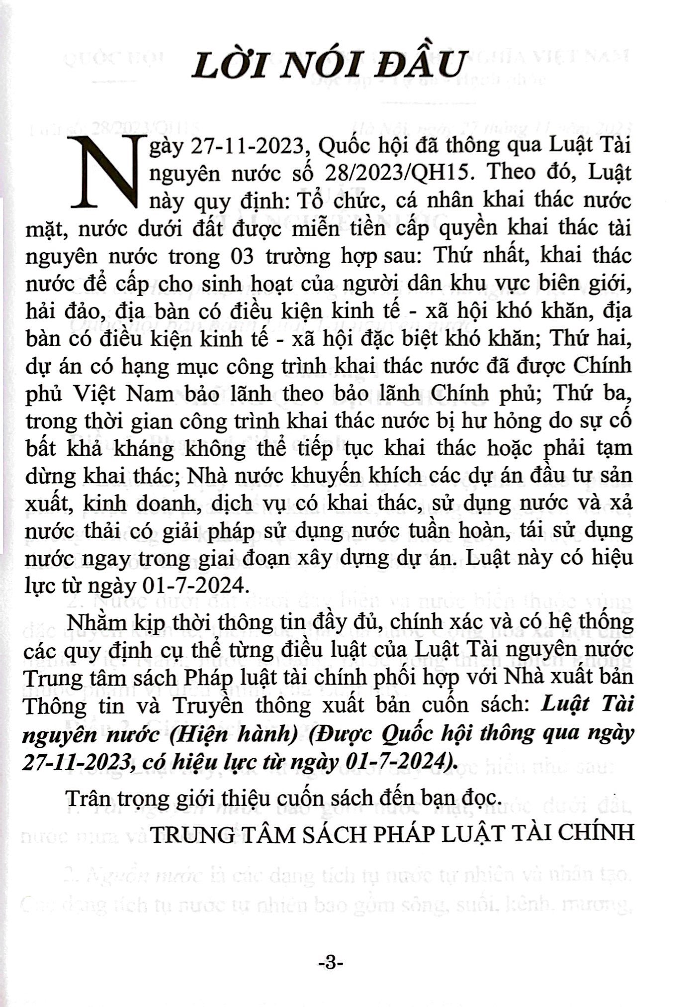 luật tài nguyên nước (hiện hành) (được quốc hội thông qua ngày 27/11/2023, có hiệu lực từ ngày 01/7/2024)