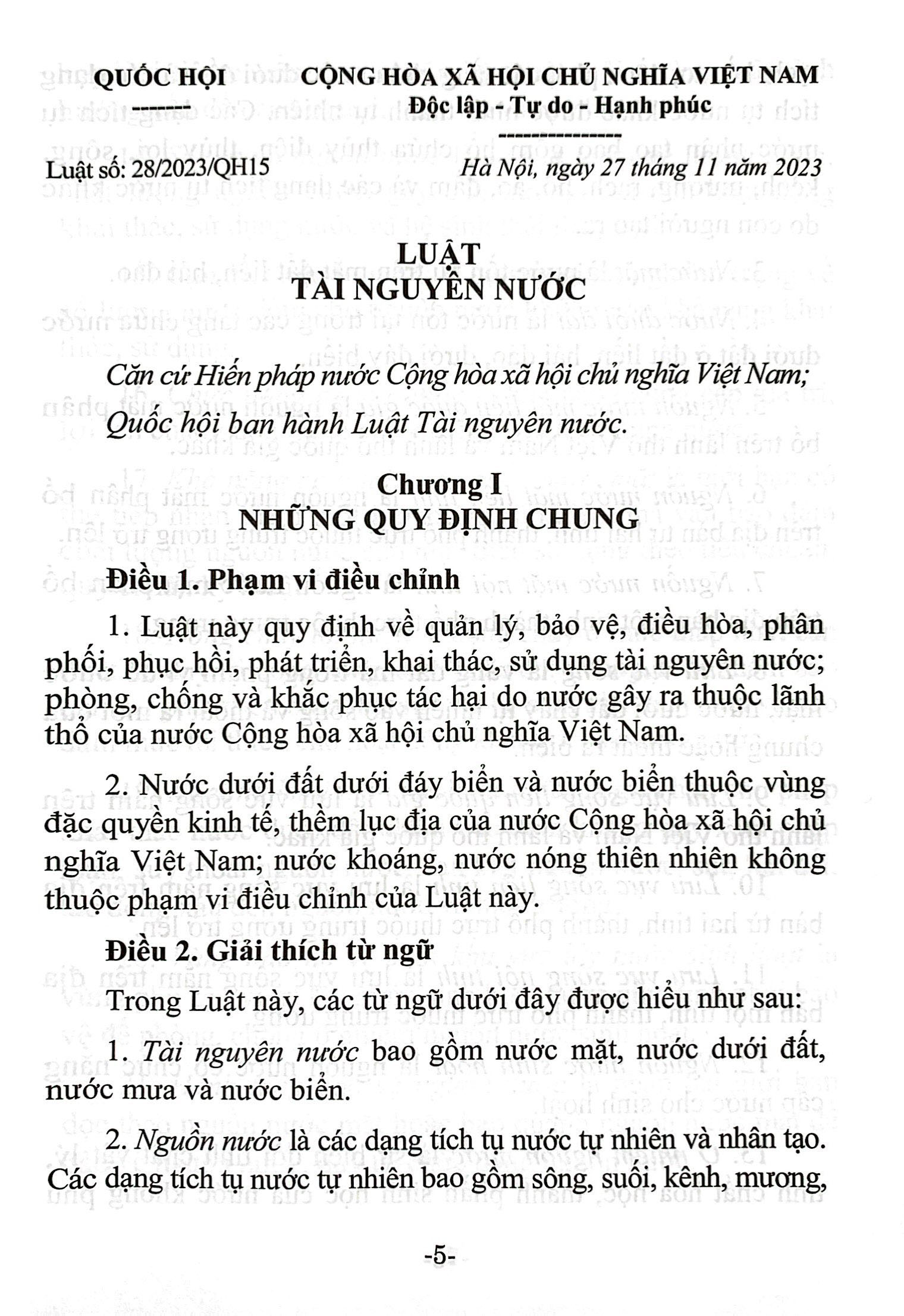 luật tài nguyên nước (hiện hành) (được quốc hội thông qua ngày 27/11/2023, có hiệu lực từ ngày 01/7/2024)