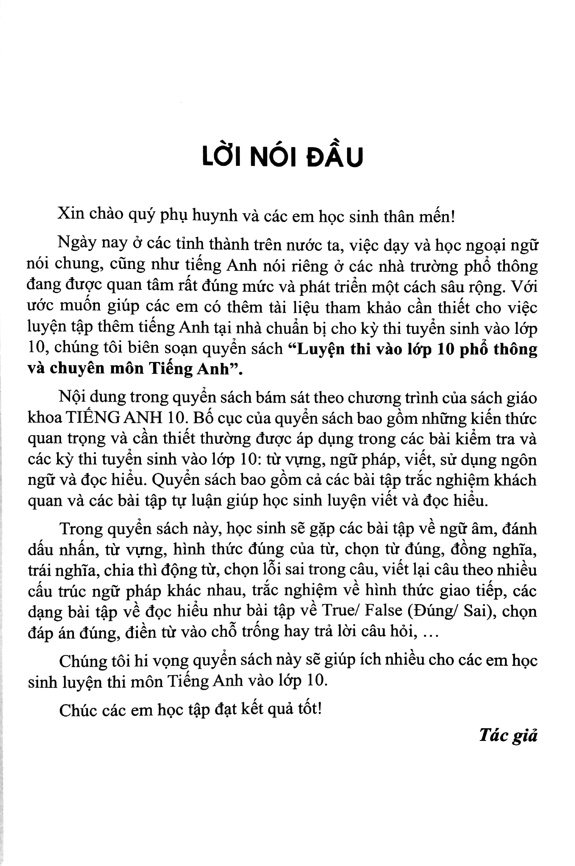 luyện thi vào lớp 10 phổ thông và chuyên - môn tiếng anh