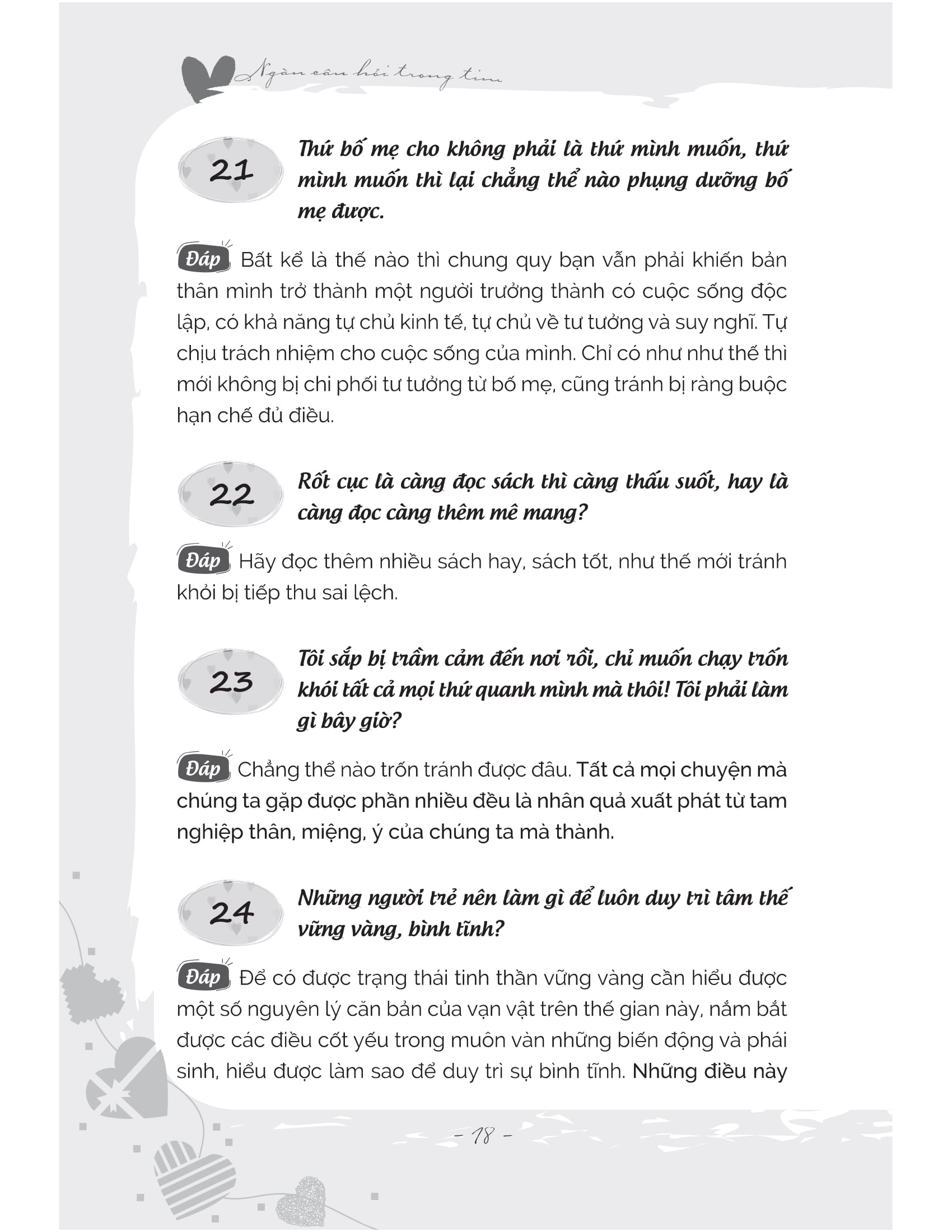 ngàn câu hỏi trong tim: sống thanh tâm tĩnh, sống vui tâm an