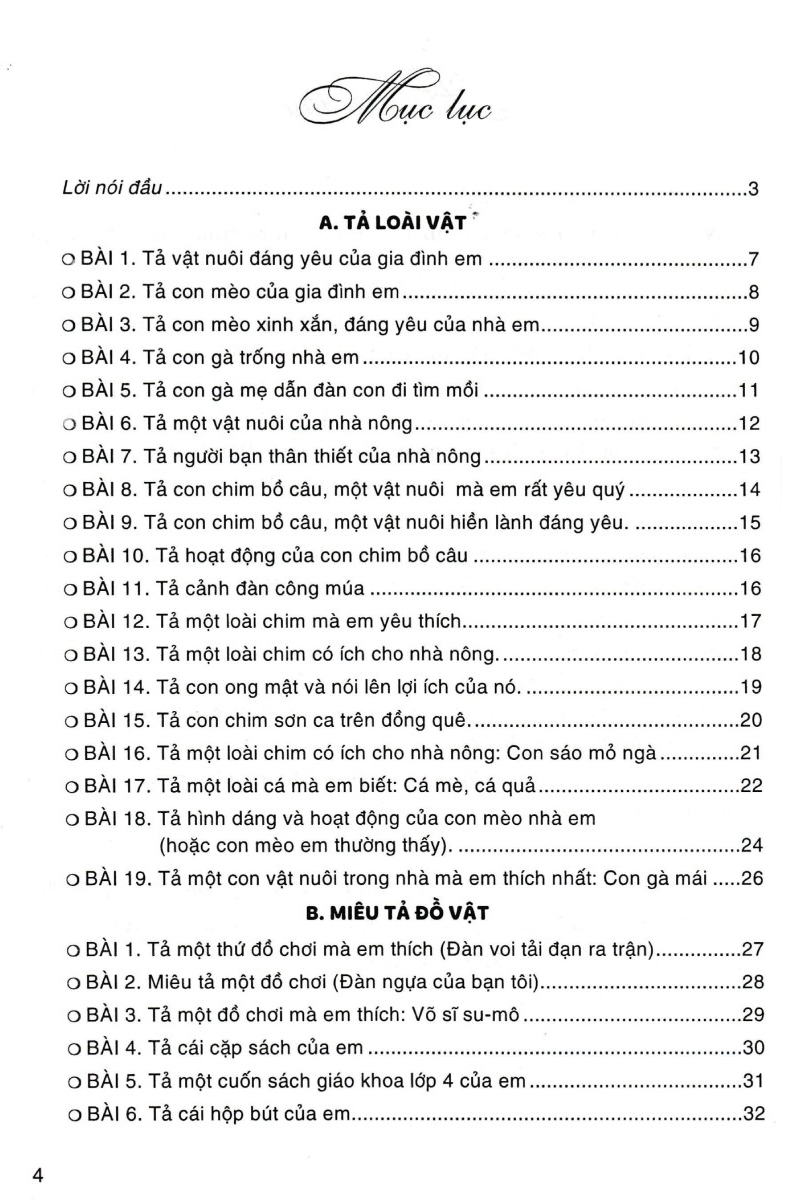 những bài văn miêu tả lớp 4 (dùng chung cho các bộ sgk hiện hành)