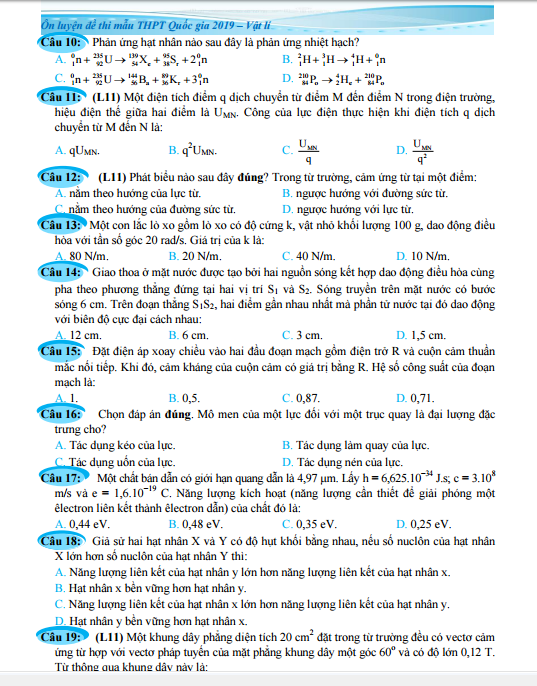 ôn luyện đề thi mẫu thpt quốc gia 2019 - môn vật lí