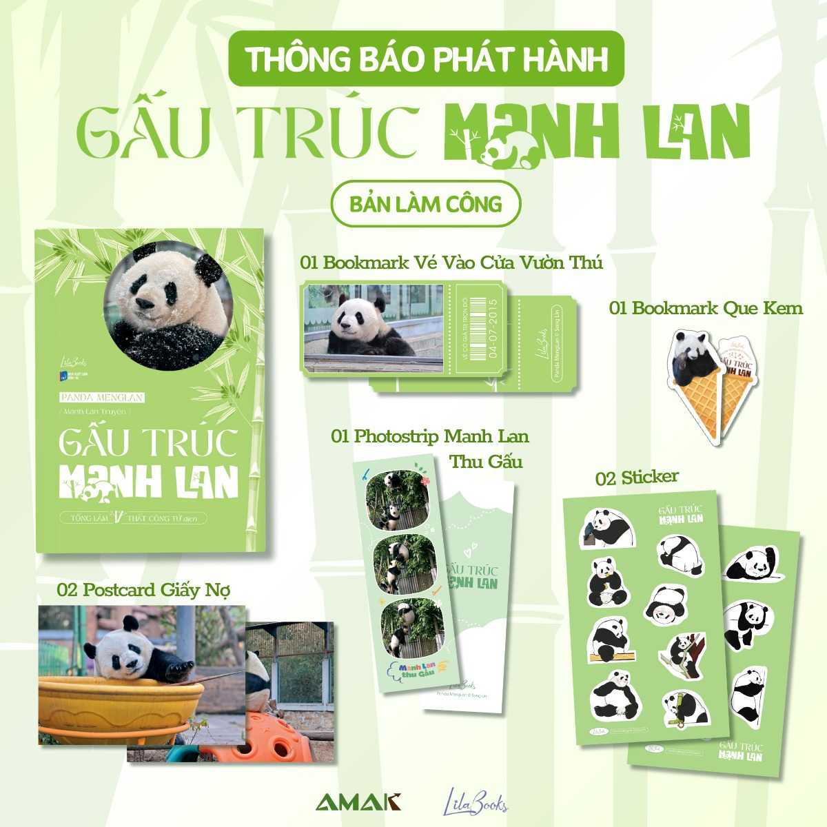 panda menglan - manh lan truyện - gấu trúc manh lan - tặng kèm 1 bookmark bế hình que kem + 1 bookmark vé vào cửa vườn thú + 1 photostrip + 2 postcard giấy ghi nợ + 2 sticker + 1 quạt tròn không cán cầm tay