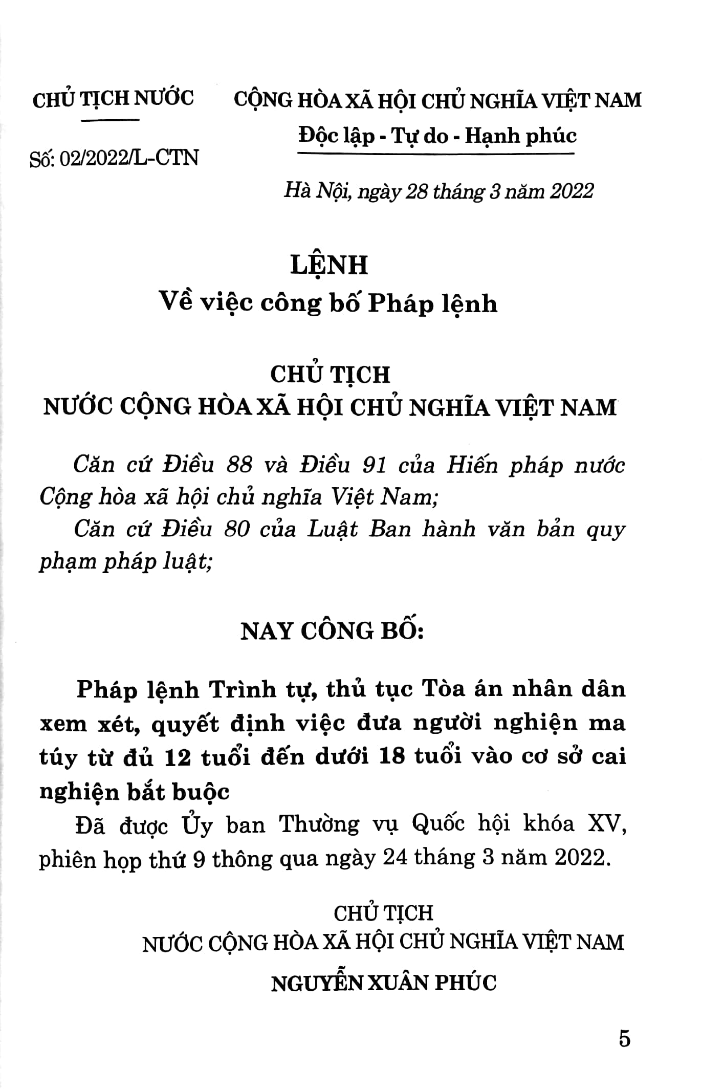 pháp lệnh trình tự thủ tục tòa án nhân dân xem xét, quyết định việc đưa người nghiện ma túy từ đủ 12 tuổi đến dưới 18 tuổi vào cơ sở cai nghiện bắt buộc