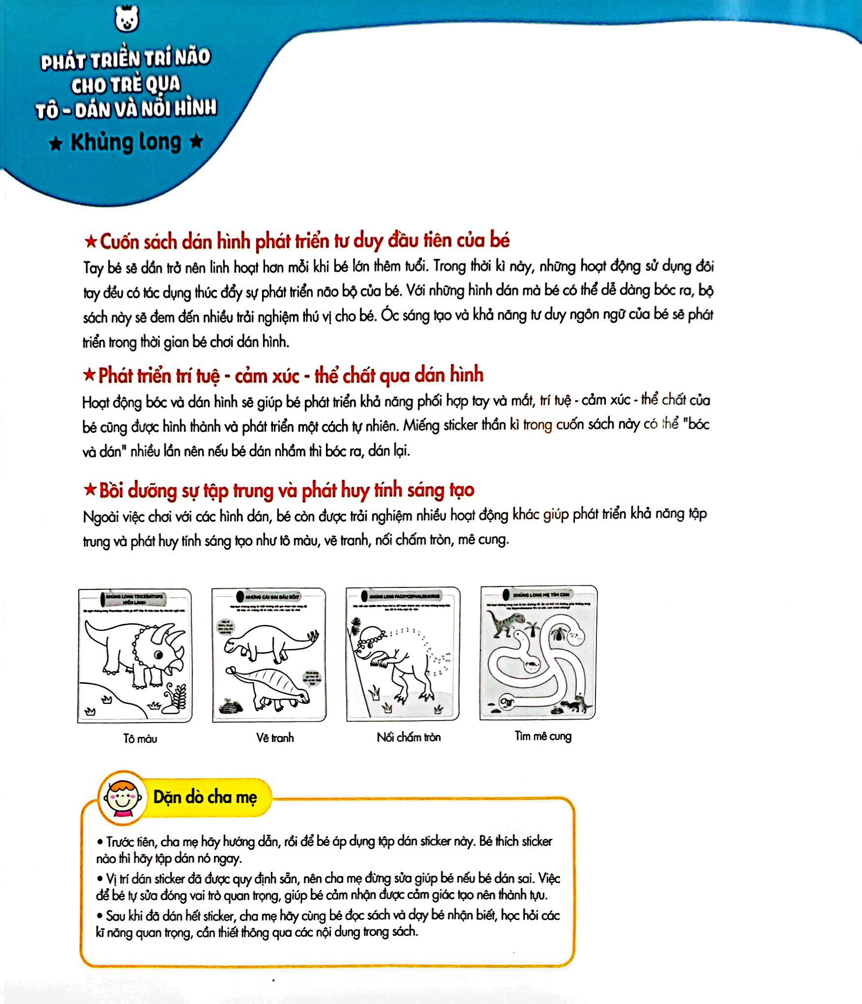 phát triển trí não cho trẻ qua tô-dán và nối hình - khủng long
