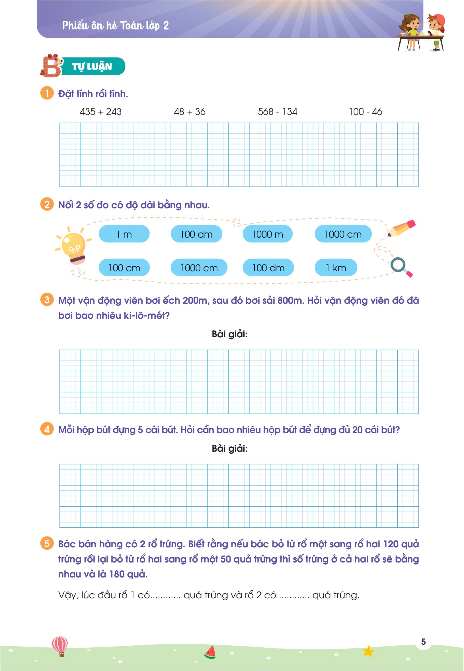 phiếu ôn hè toán lớp 2