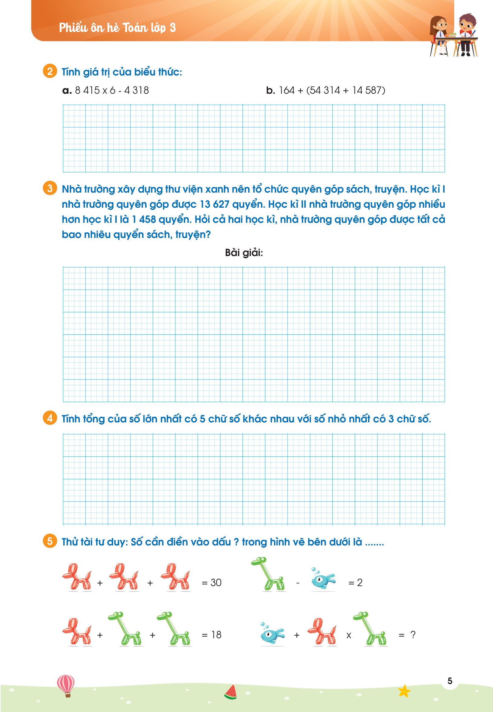 phiếu ôn hè toán lớp 3