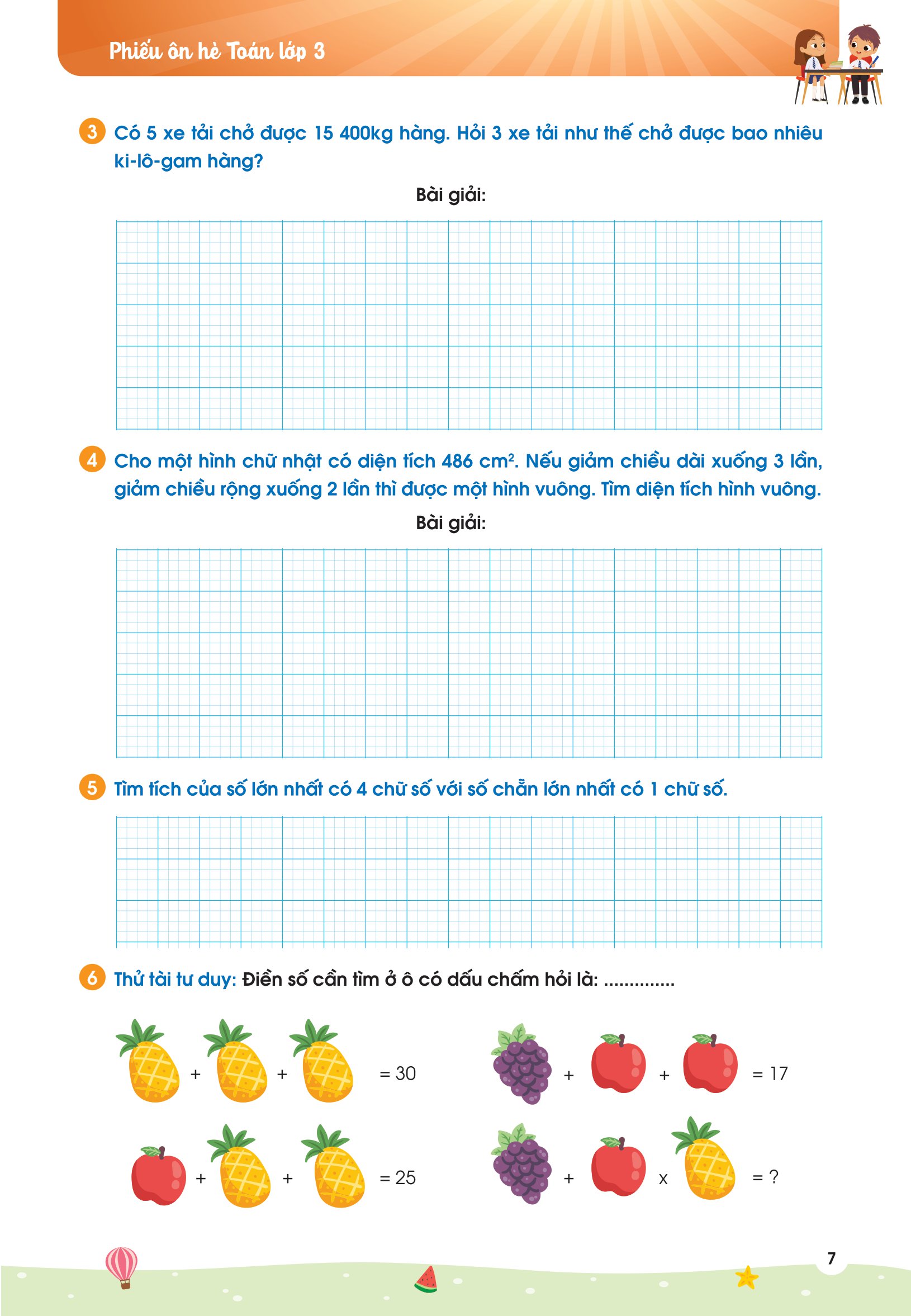 phiếu ôn hè toán lớp 3