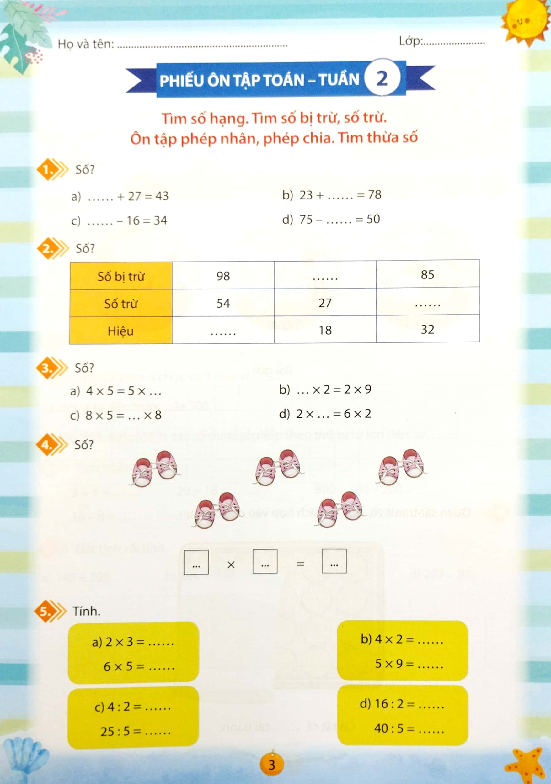 phiếu ôn tập cuối tuần - môn toán - lớp 3 - chân trời sáng tạo (2023)