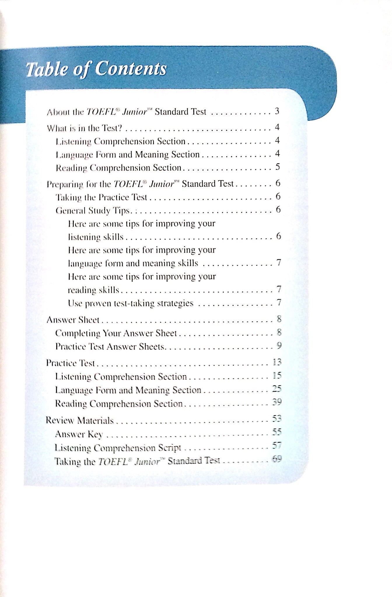 practice test for the toefl junior standard test