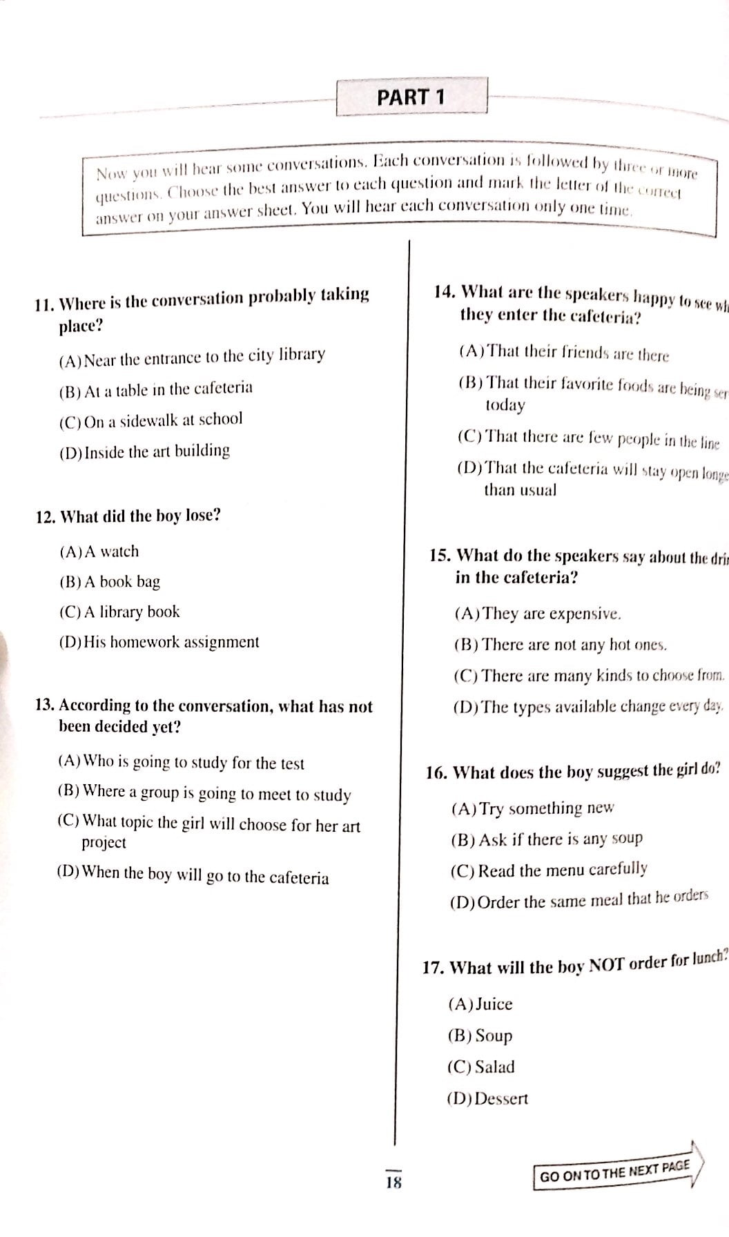 practice test for the toefl junior standard test
