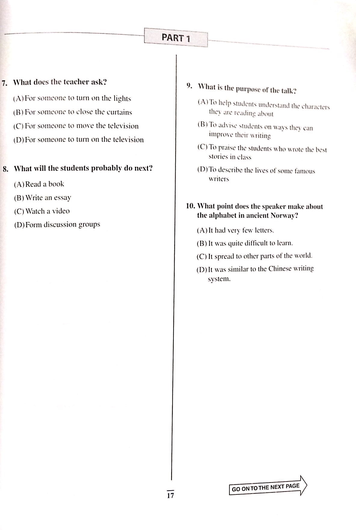 practice test for the toefl junior standard test