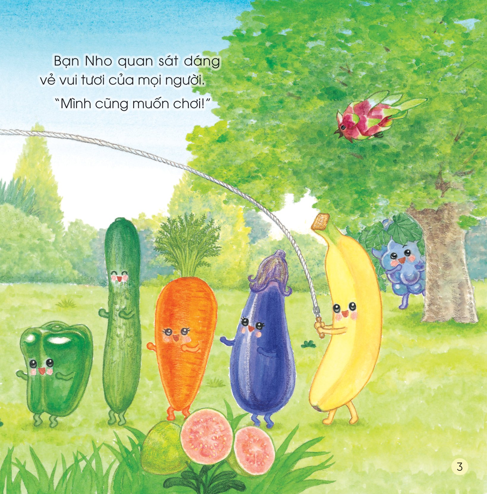 sách ehon - sức mạnh của những người bạn trái cây - có bạn nho, không lo bão cát