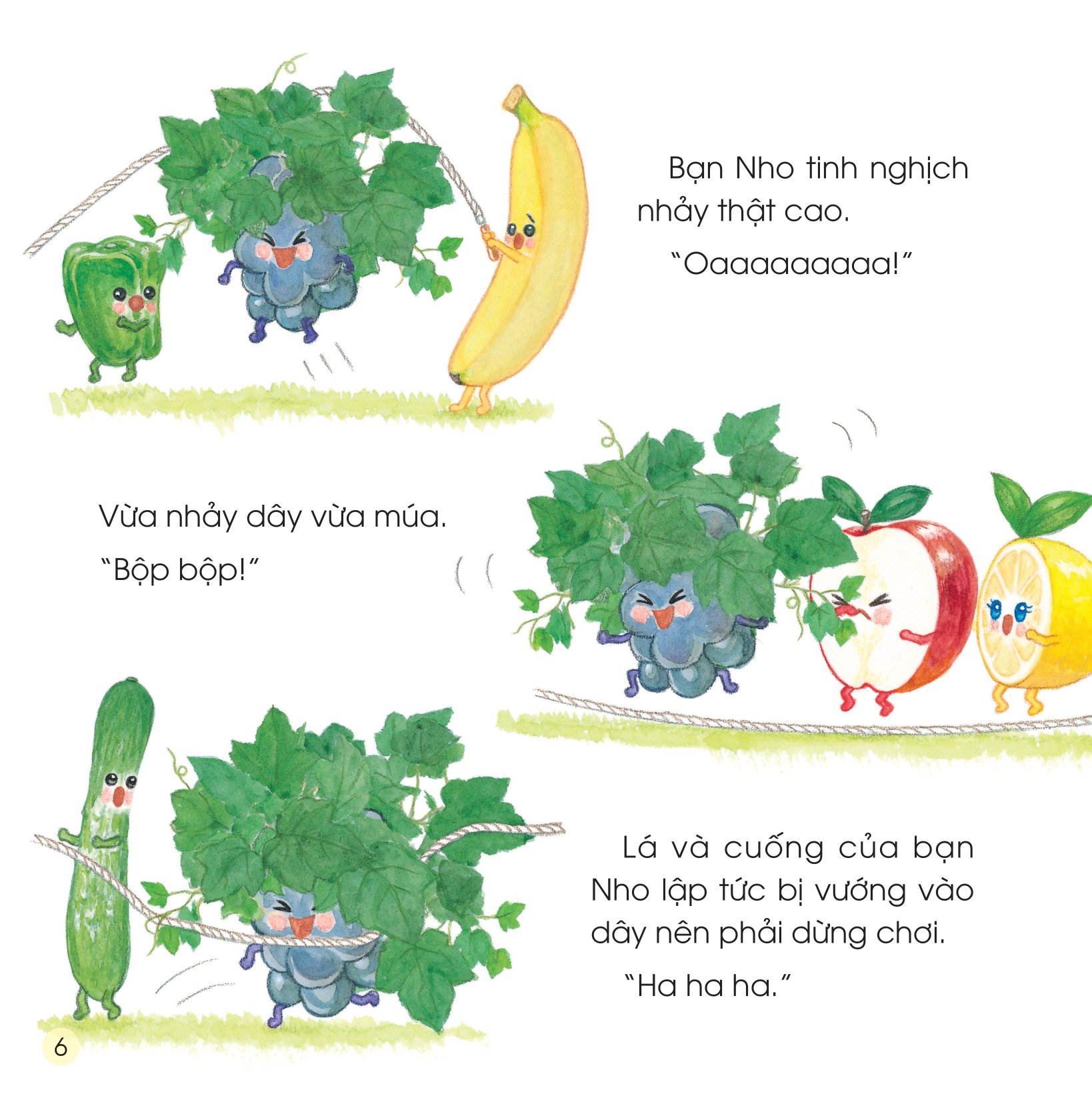 sách ehon - sức mạnh của những người bạn trái cây - có bạn nho, không lo bão cát