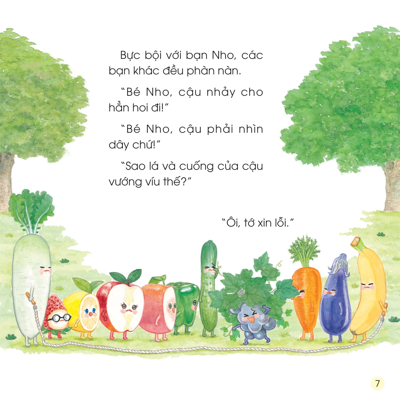 sách ehon - sức mạnh của những người bạn trái cây - có bạn nho, không lo bão cát