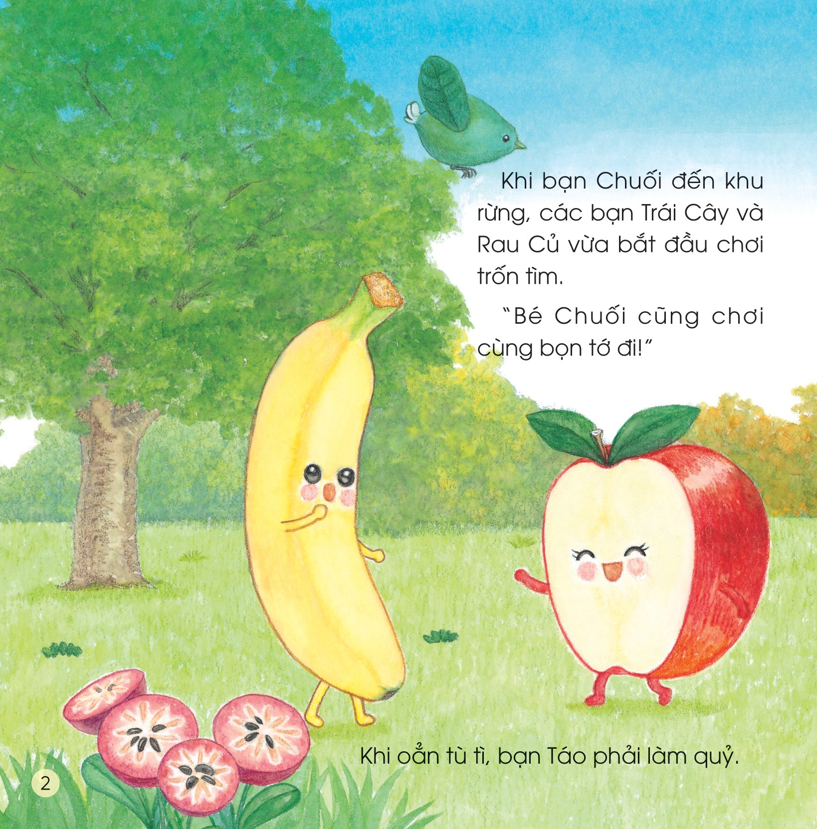 sách ehon - sức mạnh của những người bạn trái cây - cùng bạn chuối tiêu diệt đàn ruồi