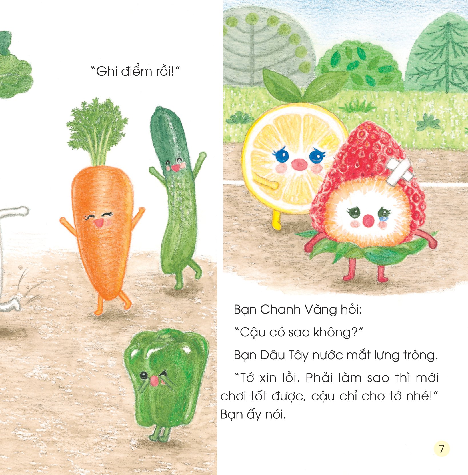 sách ehon - sức mạnh của những người bạn trái cây - giải cứu dâu tây khỏi quái vật nấm mốc