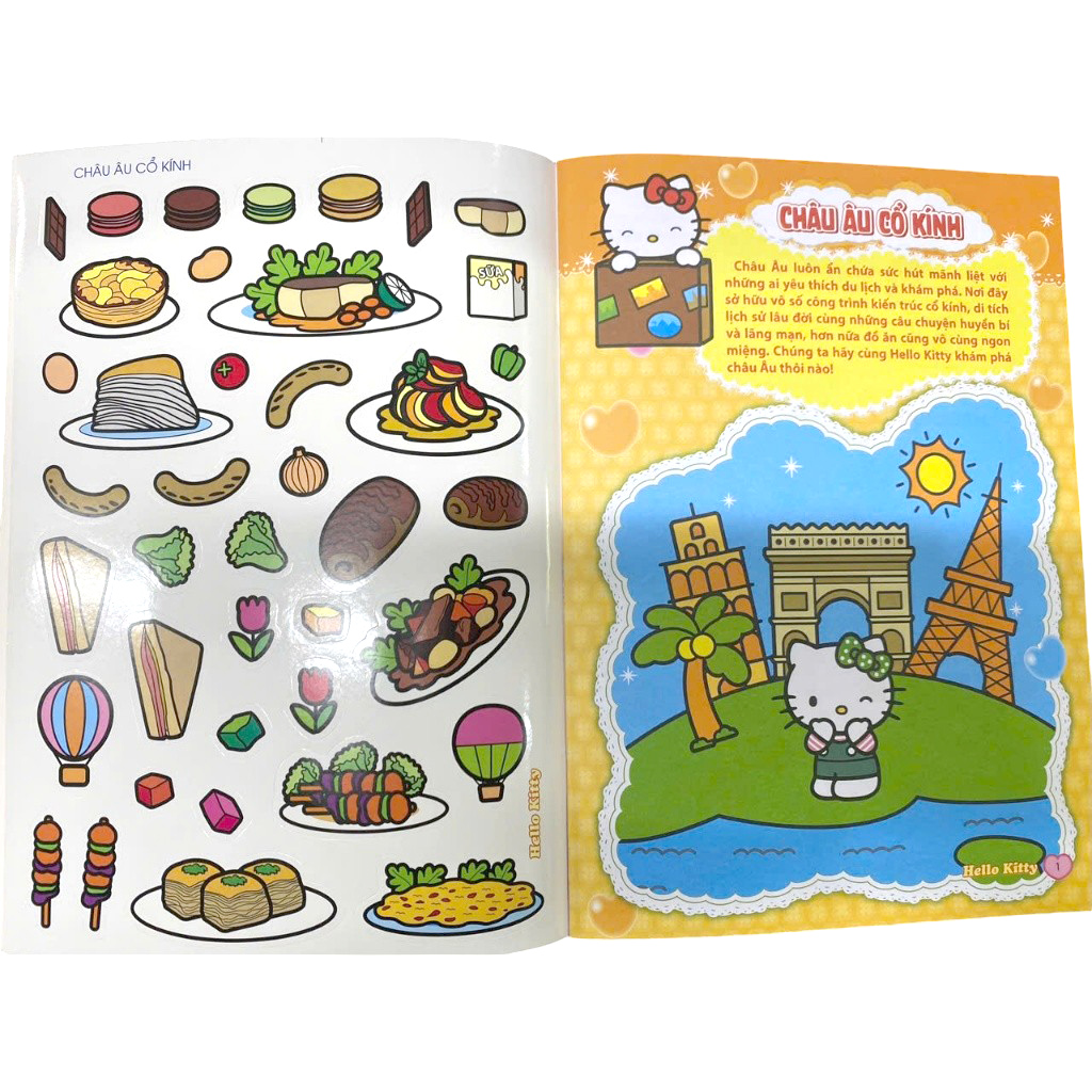 sách tô màu dán hình sticker - hello kitty tinh nghịch mê du lịch - châu âu cổ kính