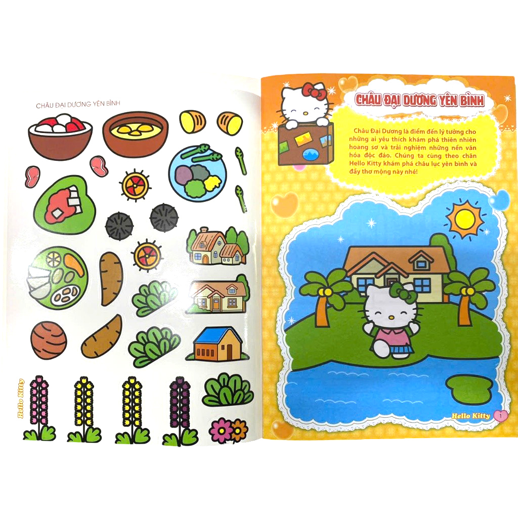 sách tô màu dán hình sticker - hello kitty tinh nghịch mê du lịch - châu đại dương yên bình