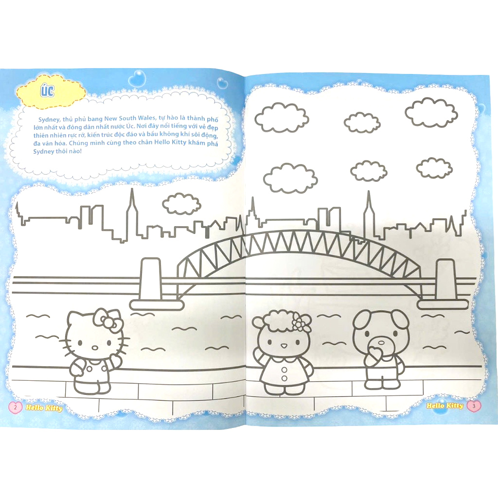 sách tô màu dán hình sticker - hello kitty tinh nghịch mê du lịch - châu đại dương yên bình