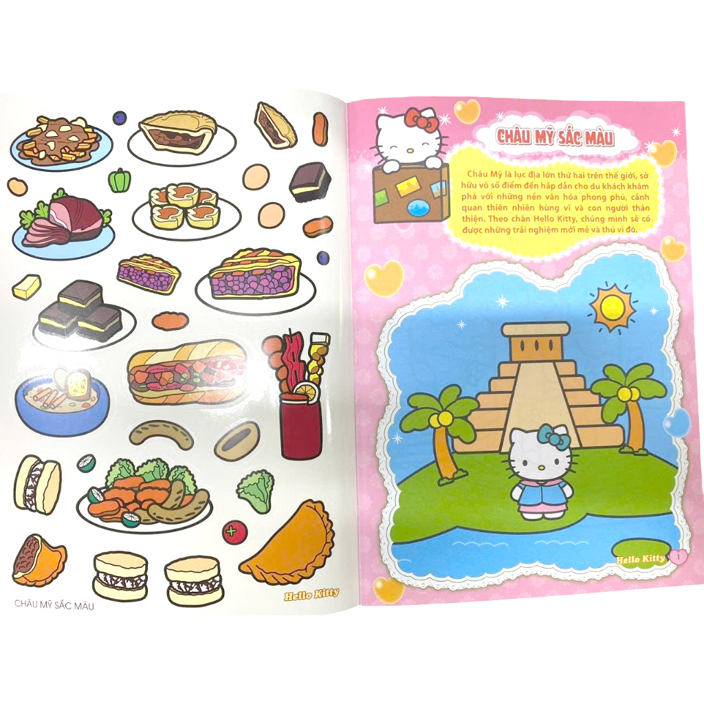 sách tô màu dán hình sticker - hello kitty tinh nghịch mê du lịch - châu mỹ sắc màu