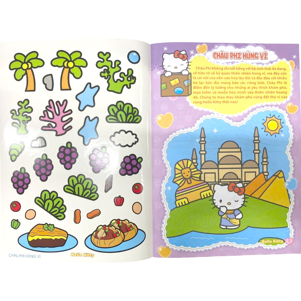 sách tô màu dán hình sticker - hello kitty tinh nghịch mê du lịch - châu phi hùng vĩ