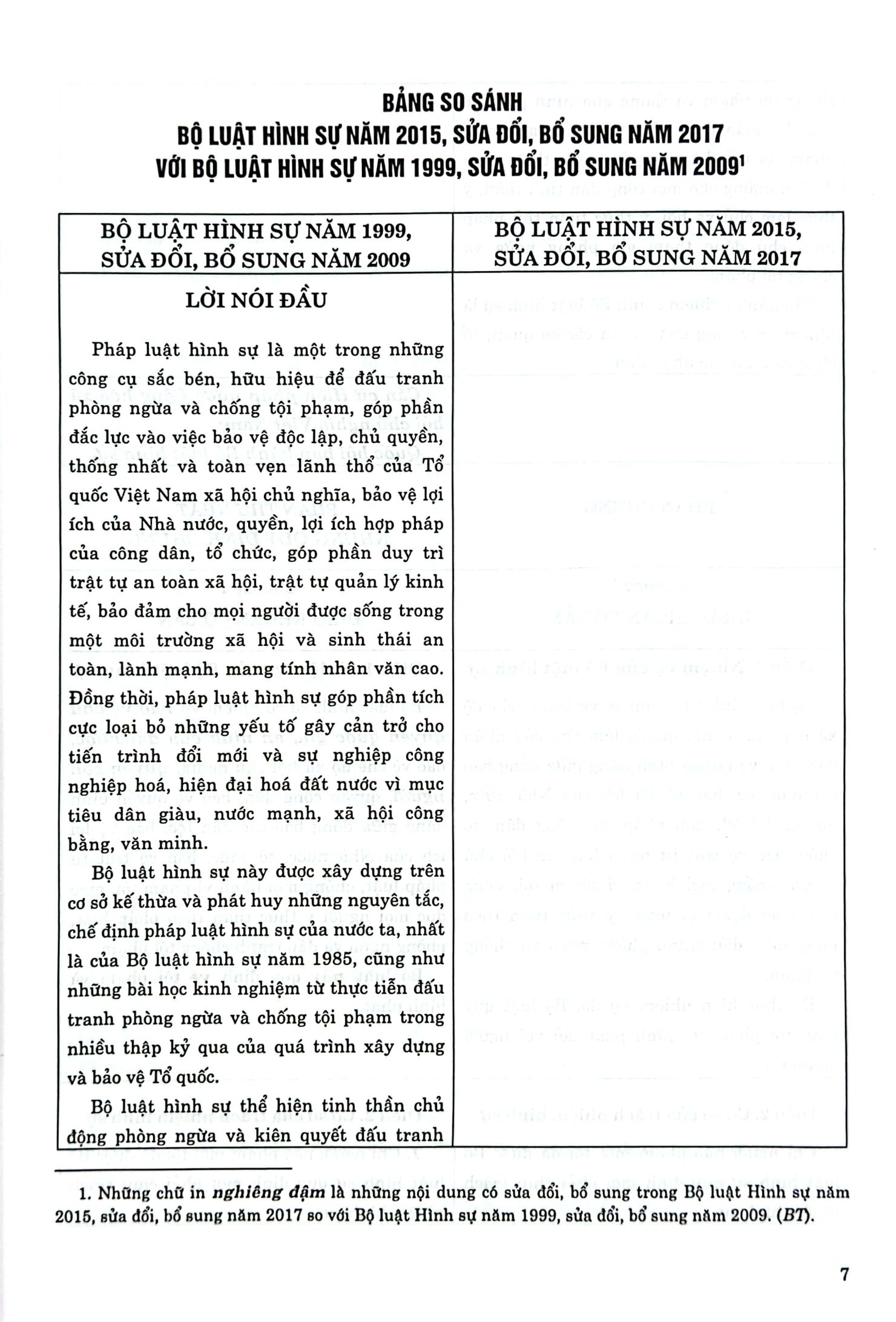 so sánh bộ luật hình sự năm 2015, sửa đổi bổ sung 2017 với bộ luật hình sự 1999, sửa đổi bổ sung 2009