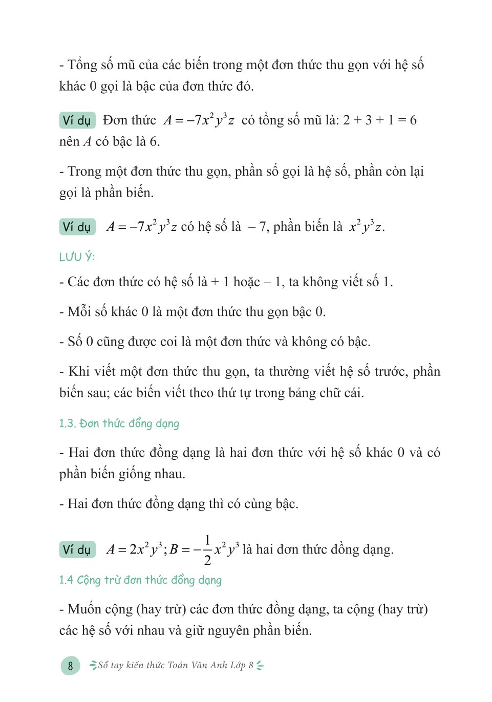sổ tay kiến thức toán văn anh lớp 8