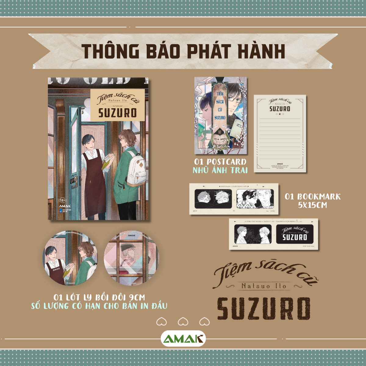 suzuro old books - tiệm sách cũ suzuro - tặng kèm bookmark hai mặt + postcard nhũ ánh trai + lót ly bồi đôi