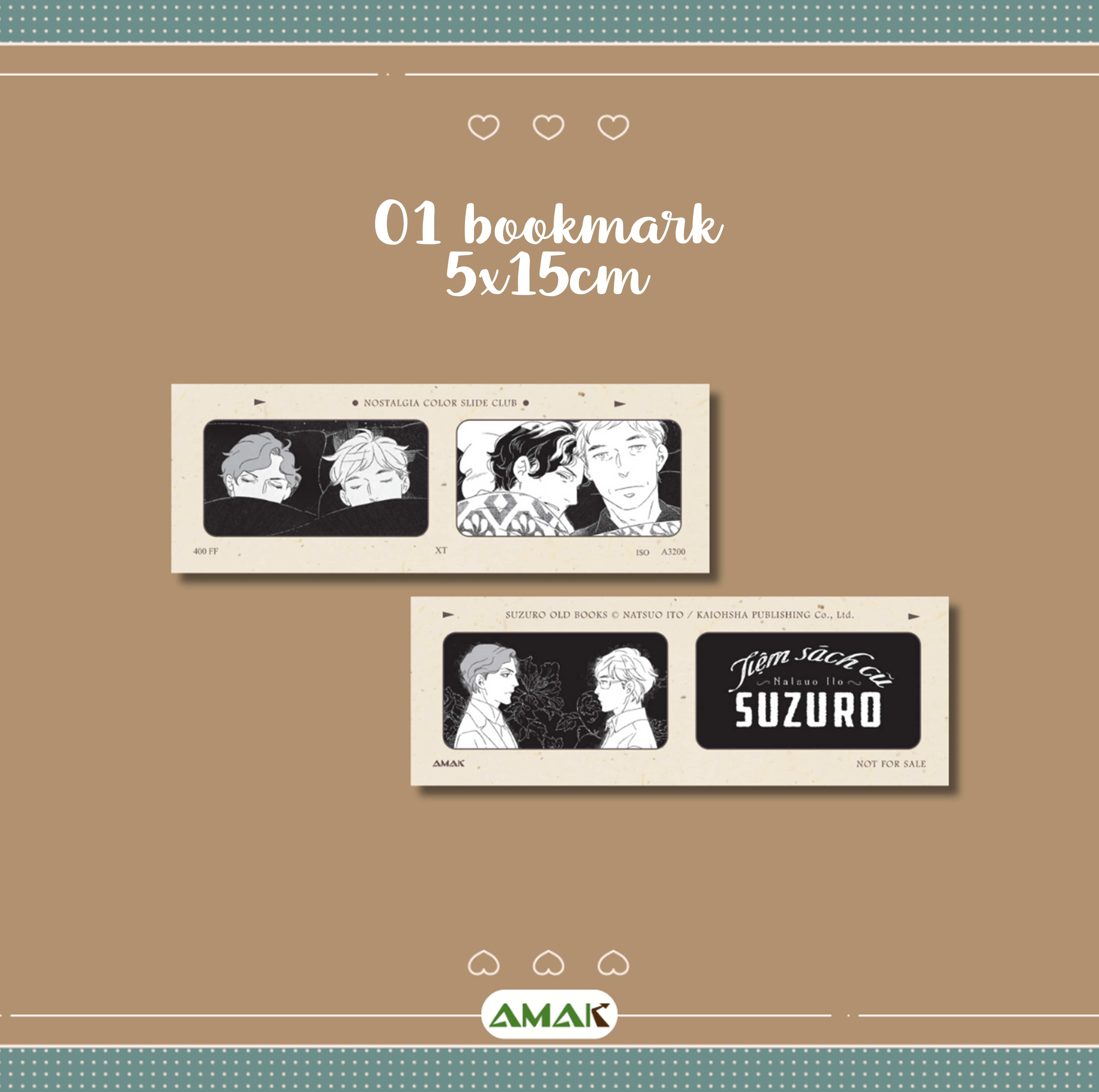 suzuro old books - tiệm sách cũ suzuro - tặng kèm bookmark hai mặt + postcard nhũ ánh trai + lót ly bồi đôi