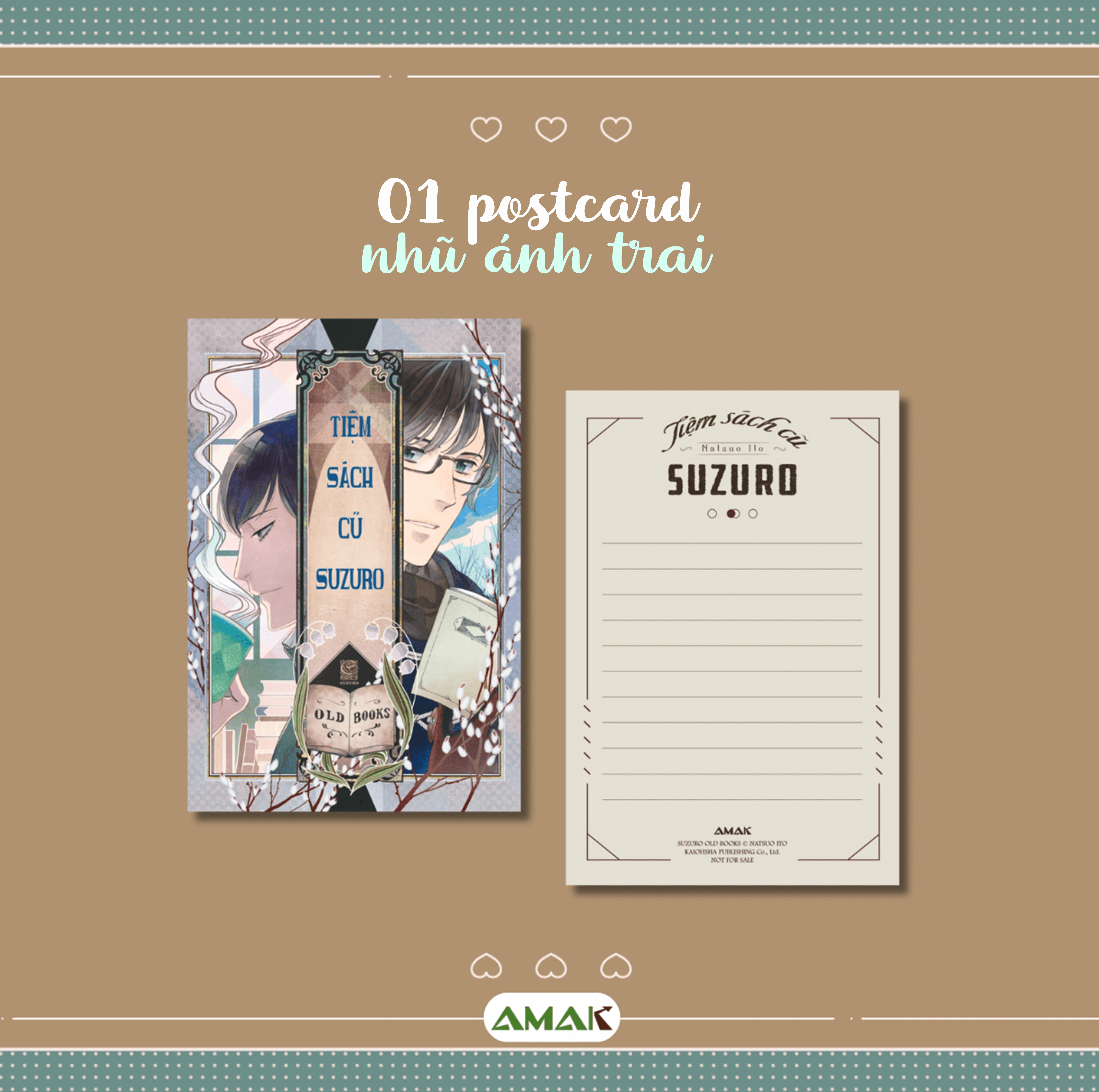 suzuro old books - tiệm sách cũ suzuro - tặng kèm bookmark hai mặt + postcard nhũ ánh trai + lót ly bồi đôi