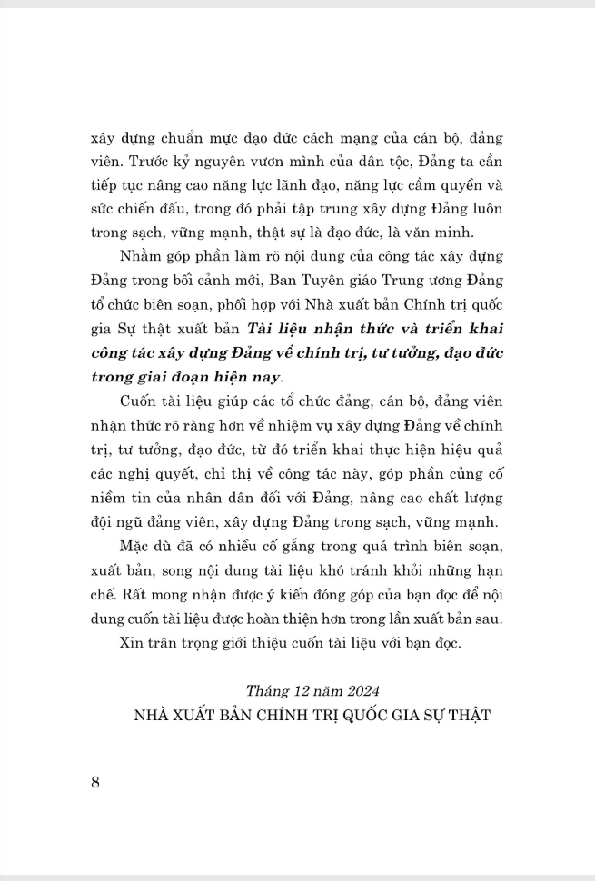 tài liệu nhận thức và triển khai công tác xây dựng đảng về chính trị, tư tưởng, đạo đức trong giai đoạn hiện nay