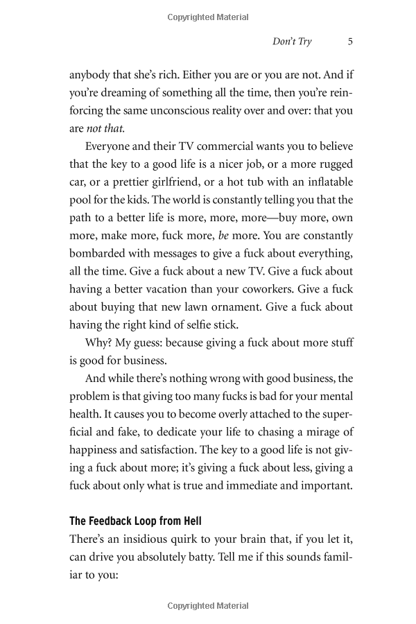 the subtle art of not giving a f*ck: a counterintuitive approach to living a good life