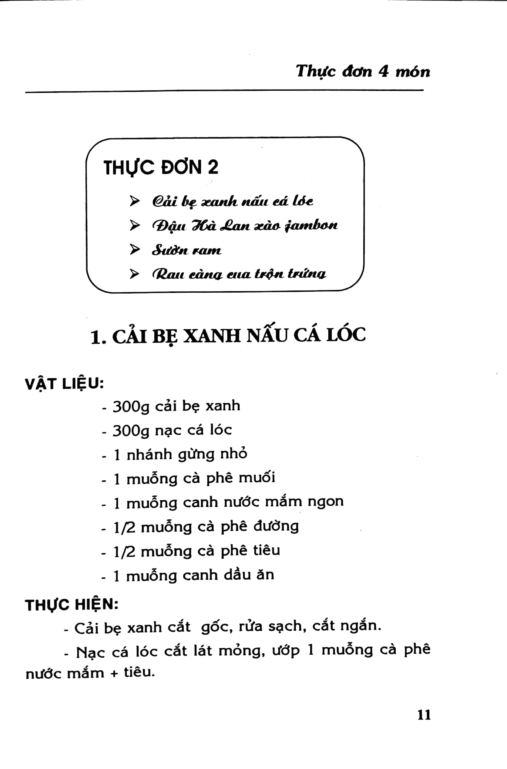 thực đơn bốn món