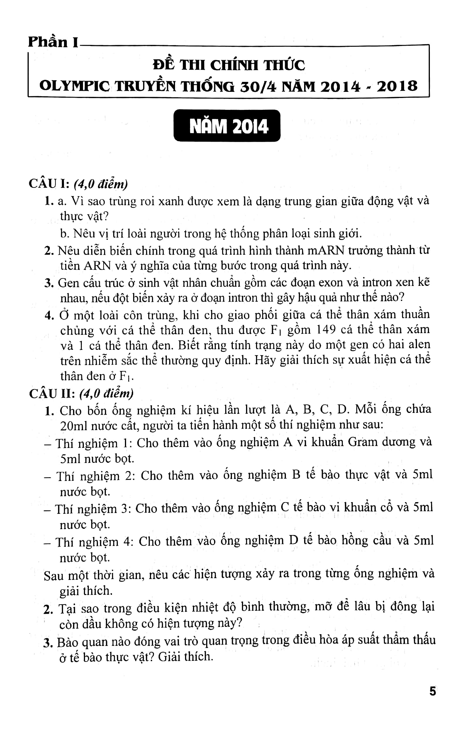 tổng tập đề thi olympic 30/4 sinh học lớp 10 (từ năm 2014 đến năm 2018)
