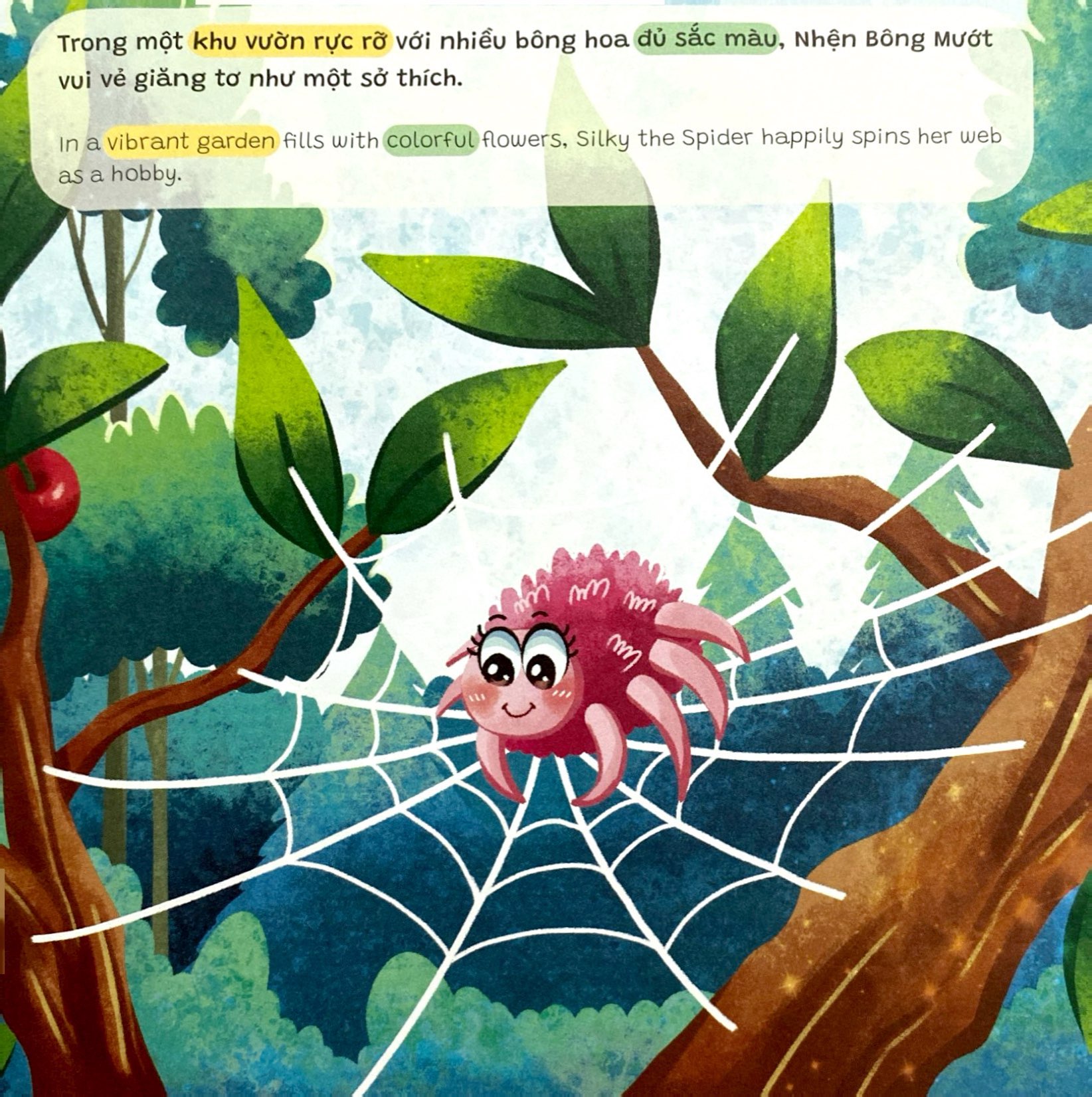 truyện tranh song ngữ anh-việt - tô màu tương tác - ngụ ngôn nhân quả - cô nhện bông mướt