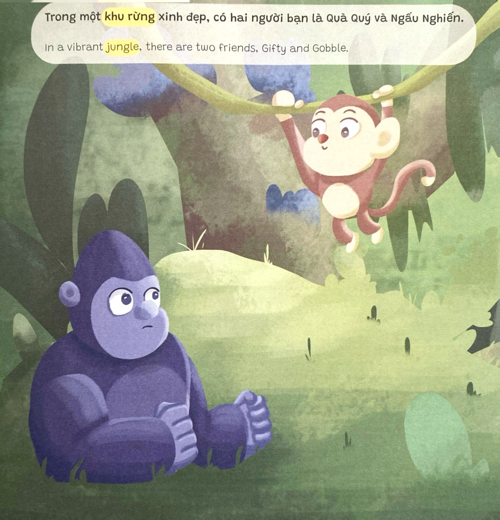 truyện tranh song ngữ anh-việt - tô màu tương tác - ngụ ngôn nhân quả - khỉ con tốt bụng