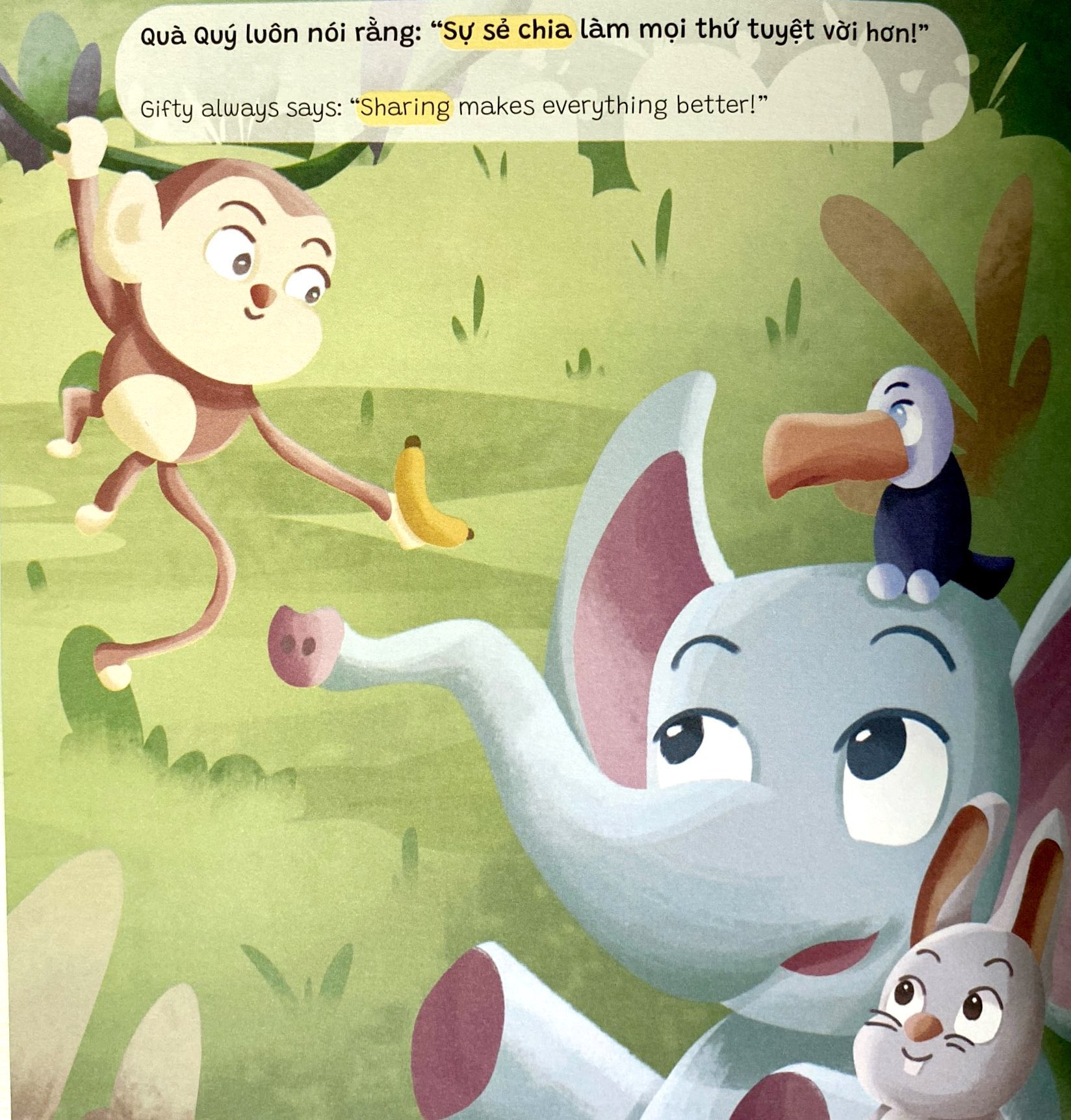 truyện tranh song ngữ anh-việt - tô màu tương tác - ngụ ngôn nhân quả - khỉ con tốt bụng