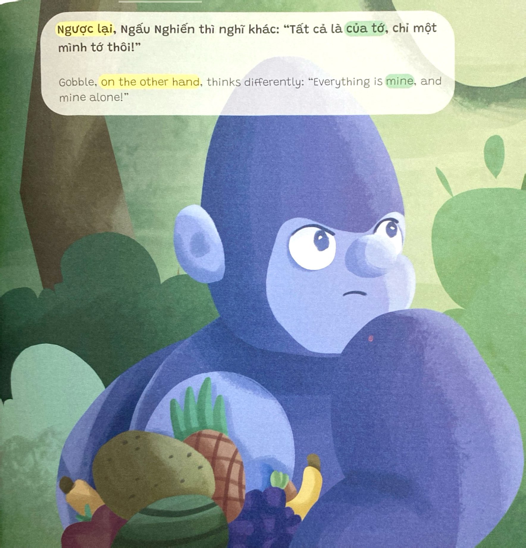 truyện tranh song ngữ anh-việt - tô màu tương tác - ngụ ngôn nhân quả - khỉ con tốt bụng