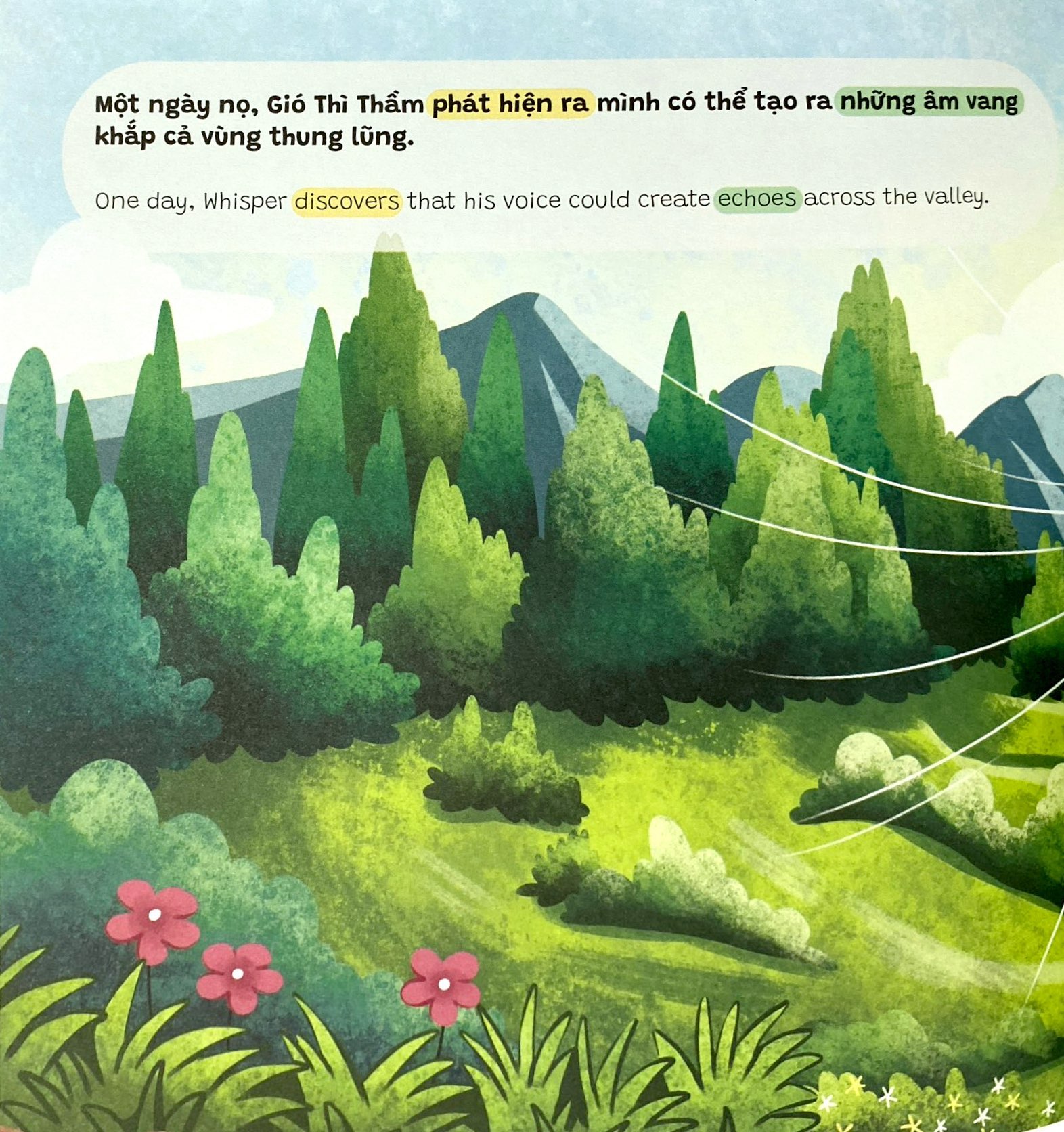 truyện tranh song ngữ anh-việt - tô màu tương tác - ngụ ngôn nhân quả - lời thì thầm của gió