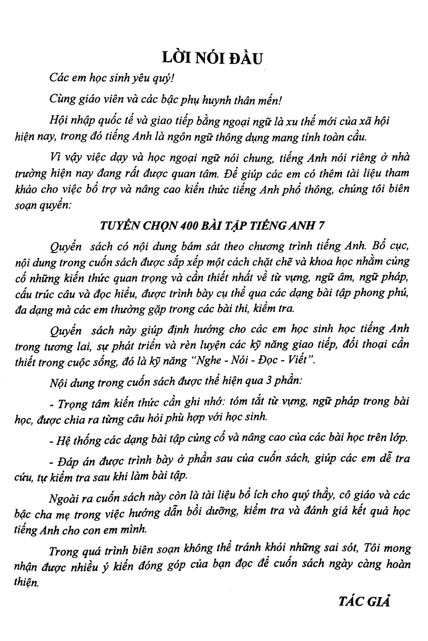 tuyển chọn 400 bài tập tiếng anh 7 (theo chương trình giáo dục phổ thông mới)