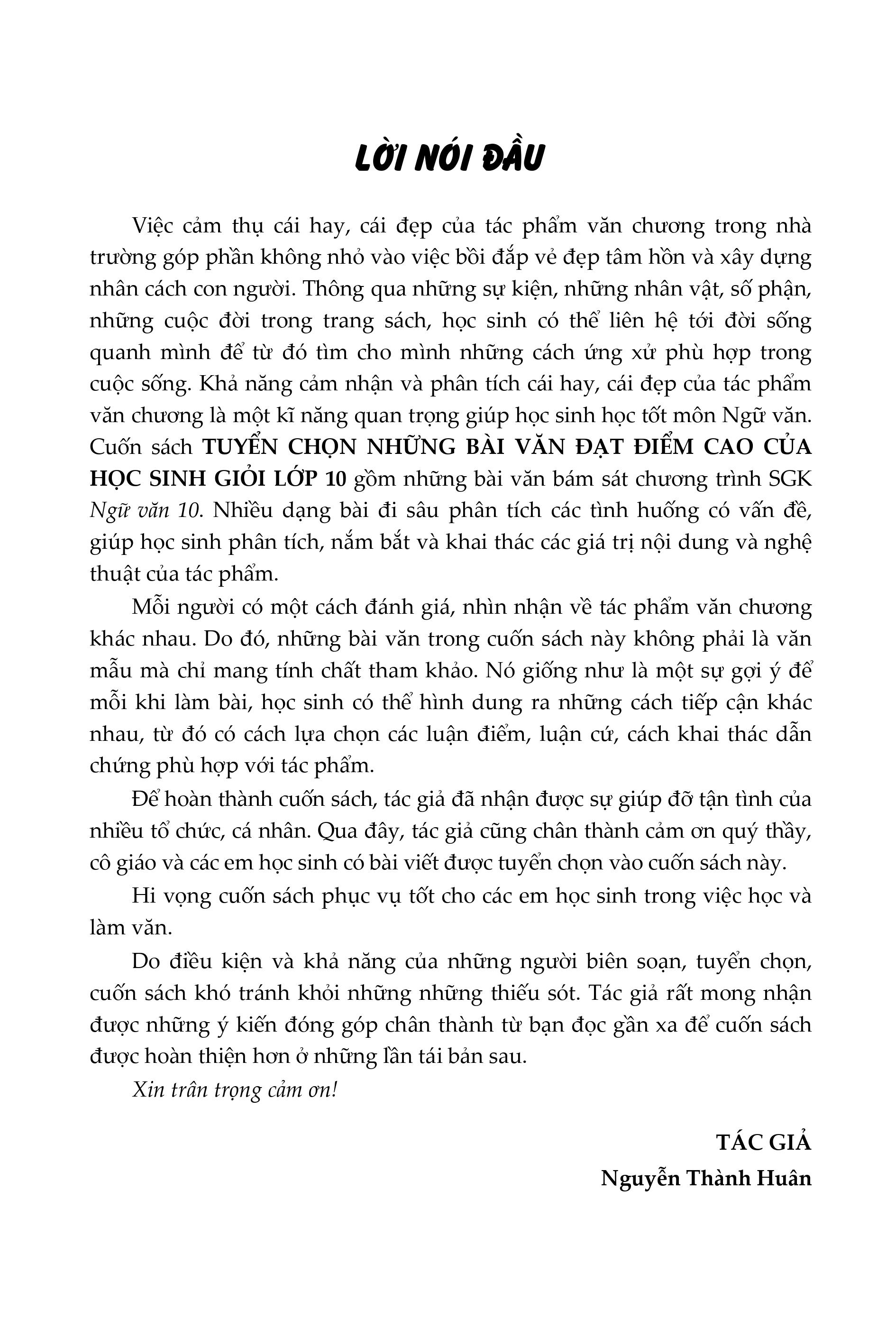 tuyển chọn những bài văn đạt điểm cao của học sinh giỏi lớp 10