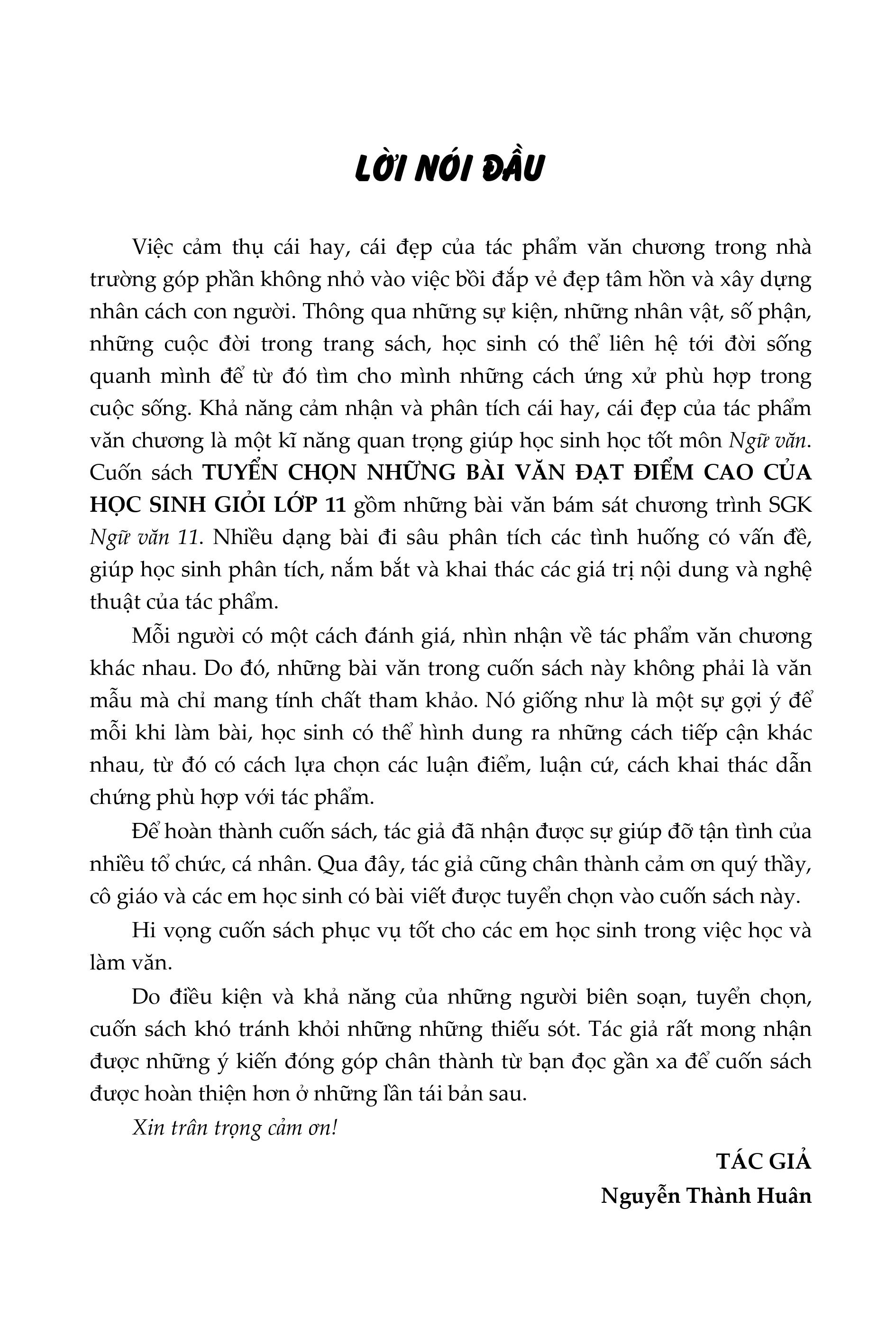 tuyển chọn những bài văn đạt điểm cao của học sinh giỏi lớp 11